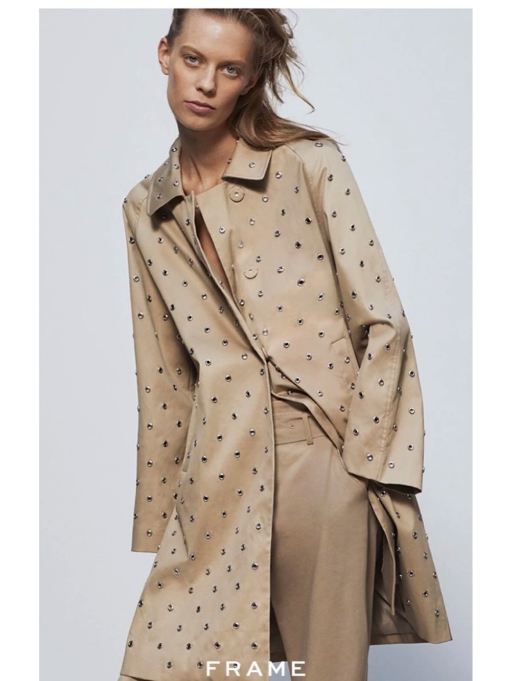 Frame Denim Taupe Eyelet-Embellished Trench Coat - Picture 1 of 5